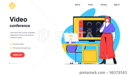 Video conference web banner concept. Woman makes video call and waiting colleagues at group chat. Online communication landing page template. Vector illustration with people scene in flat design 98378583