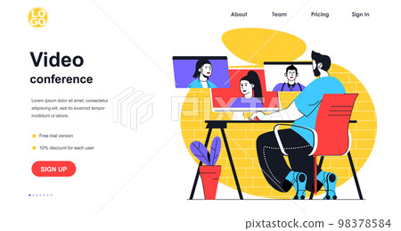 Video conference web banner concept. Man makes video call and talking in group chat using computer. Online communication landing page template. Vector illustration with people scene in flat design Video conference web banner concept. Man makes video call and talking in group chat using computer. Online communication landing page template. Vector illustration with people scene in flat design 98378584