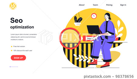 Seo optimization web banner concept. Woman working laptop, optimized website, management and search engine results, landing page template. Vector illustration with people scene in flat design Seo optimization web banner concept. Woman working laptop, optimized website, management and search engine results, landing page template. Vector illustration with people scene in flat design 98378656