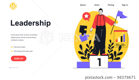 Leadership web banner concept. Man achieves career goals, receives award and first place, successful business development landing page template. Vector illustration with people scene in flat design 98378671