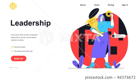 Leadership web banner concept. Woman achieves career goals, receives award trophy and high rating, development business landing page template. Vector illustration with people scene in flat design 98378672