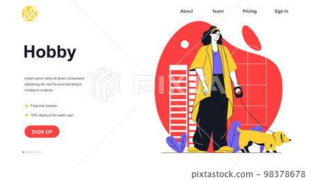 Hobby web banner concept. Woman is walking dog. Female pet owner takes care of puppy, trains and spends time outdoors, landing page template. Vector illustration with people scene in flat design Hobby web banner concept. Woman is walking dog. Female pet owner takes care of puppy, trains and spends time outdoors, landing page template. Vector illustration with people scene in flat design 98378678