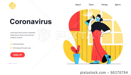 Coronavirus prevention web banner concept. Woman in medical mask disinfects surfaces in house. Prevention of virus spread, landing page template. Vector illustration with people scene in flat design Coronavirus prevention web banner concept. Woman in medical mask disinfects surfaces in house. Prevention of virus spread, landing page template. Vector illustration with people scene in flat design 98378784