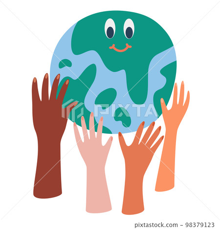 Save the planet. Different hands holding globe, earth. Earth day concept. Earth day vector illustration for poster, banner, print, web. Modern cartoon flat style illustration 98379123