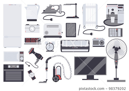 Household appliances isolated elements set. Bundle of refrigerator, iron, kettle, toaster, microwave, oven, TV, vacuum cleaner, fan and more. Creator kit for vector illustration in flat cartoon design 98379202