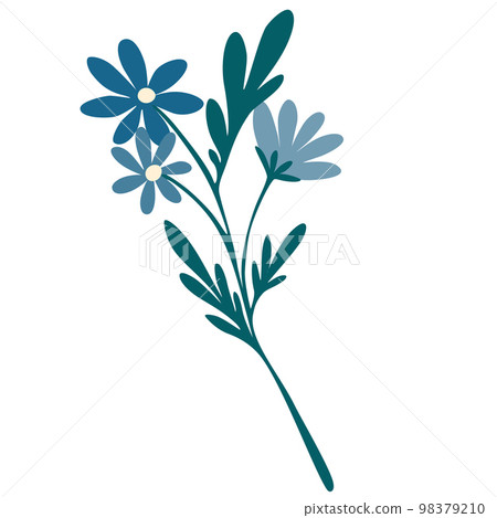 Twig with flowers. Daisies, wildflowers. Botanical illustration for decor, wedding, postcards and printing. Vector cartoon illustration isolated on the white background. 98379210