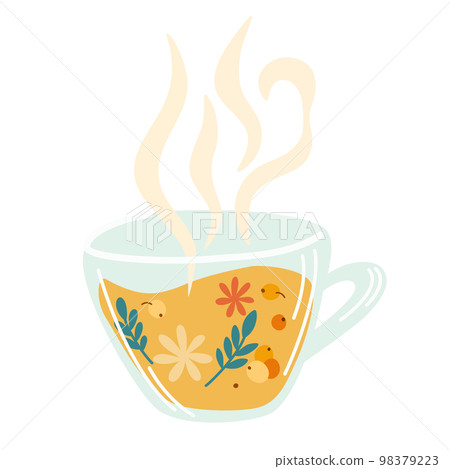 Mug with tea berries and leaves. Hot natural drink for health. Pharmacist of natural wellness poster, organic, herbal tea, orange slices and herbs. Vector cartoon illustration 98379223
