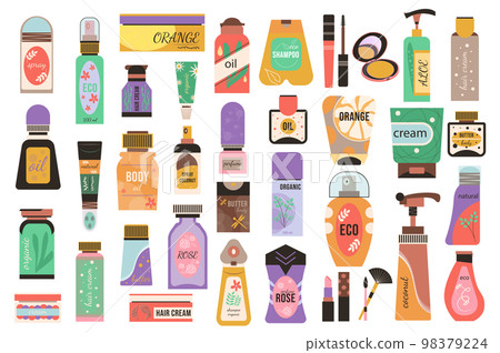 Cosmetic products isolated elements set. Bundle of bottles with lotions, shampoo, body creams or oils, lipstick, mascara, perfume and other. Creator kit for vector illustration in flat cartoon design 98379224