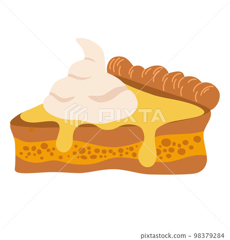 Cream pie. Piece of pumpkin pie with whipped cream. Sweet autumn dessert. Perfect for printing, poster, menu and restaurant. Vector flat illustration isolated on the white background. Cream pie. Piece of pumpkin pie with whipped cream. Sweet autumn dessert. Perfect for printing, poster, menu and restaurant. Vector flat illustration isolated on the white background. 98379284