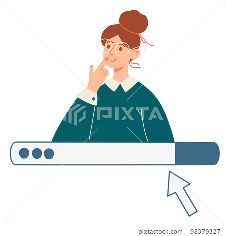 Girl thought about it. Young woman doubts and wonders. The concept of learning, choice and reflection. Vector Flat illustration isolated on the white background. Girl thought about it. Young woman doubts and wonders. The concept of learning, choice and reflection. Vector Flat illustration isolated on the white background. 98379327