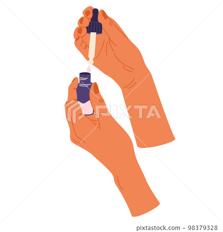 Women's hands holding cosmetic product. In the hand of a pipette from a jar with Beauty product. Facial massage. Daily skin care routine and hygiene concept. Vector illustration 98379328