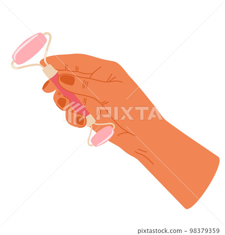 Women's hands holding cosmetic product. Quartz face roller, gua sha scraper. Facial massage. Daily skin care routine and hygiene concept. Vector illustration Women's hands holding cosmetic product. Quartz face roller, gua sha scraper. Facial massage. Daily skin care routine and hygiene concept. Vector illustration 98379359