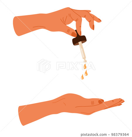 Women's hands holding cosmetic product. In the hand of a pipette from a jar with Beauty product. Facial massage. Daily skin care routine and hygiene concept. Vector illustration 98379364
