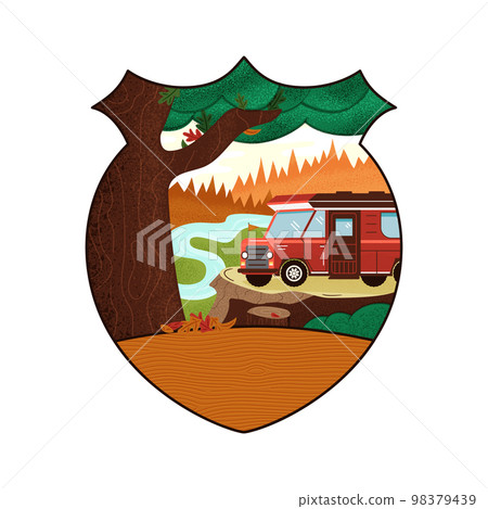 Camping Adventure badge design with forest landscape and RV trailer. Travel logo graphics. Stock vector retro label isolated on white background 98379439
