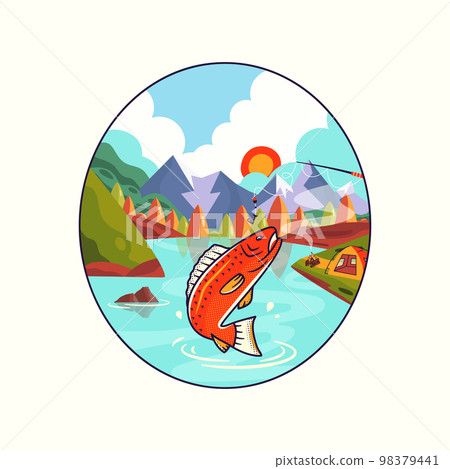 Camping Adventure badge design with mountains, lake and fish. Travel logo graphics. Stock vector retro label isolated on white background Camping Adventure badge design with mountains, lake and fish. Travel logo graphics. Stock vector retro label isolated on white background 98379441