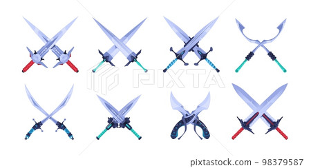Crossed swords. Metal fantasy medieval knight sharp blades cartoon style, cross of two old broadsword weapon for rpg sprite game asset. Vector set 98379587