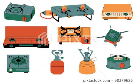 Camping stoves. Cartoon portable tourism gas burners, outdoor propane hob furnaces, camp picnic cooking equipment with open fire. Vector isolated set 98379626