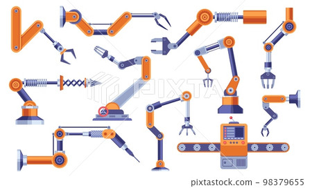 Industrial robot arm. Robotic electronic hand manipulator with machine parts, automation process car manufacturing concept. Vector flat set Industrial robot arm. Robotic electronic hand manipulator with machine parts, automation process car manufacturing concept. Vector flat set 98379655
