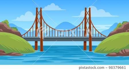 Bridge landscape. Panoramic scene with bridgework across river cartoon style, architecture construction travel infrastructure flat design. Vector illustration 98379661