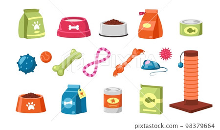 Pet toys. Colorful cartoon accessory products for dogs or cats, assortment of veterinary shop for domestic animals. Vector flat isolated collection 98379664