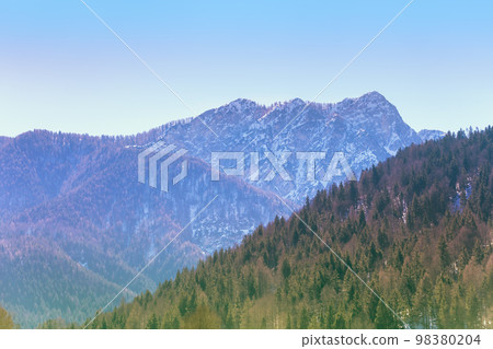 View of Alps. The tops of the mountains are covered with snow. Triglav national park. Slovenia View of Alps. The tops of the mountains are covered with snow. Triglav national park. Slovenia 98380204