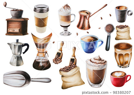 Watercolor illustration set for making coffee. Include geyser coffee maker and chemex, jute coffee bag, latte in a glass cup, coffee grinder, Turk, Americano, cappuccino. Hand painting on a white 98380207