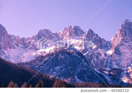 View of Alps in Kranjska Gora at sunrise. Triglav national park. Slovenia, Europe View of Alps in Kranjska Gora at sunrise. Triglav national park. Slovenia, Europe 98380210