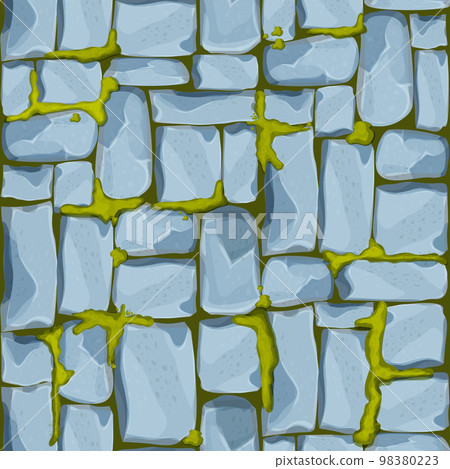 Stone wall, pavement from bricks, rocks with moss , game background in cartoon style, seamless textured surface. Ui game asset, road or floor material 98380223