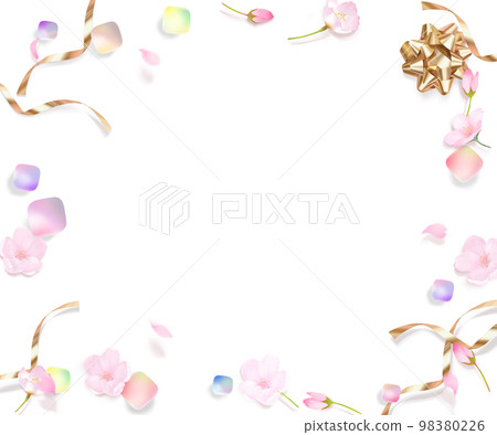 櫻花、花蕾和花瓣-帶有滾動彩虹色寶石的可愛框架插圖白色背景材料 98380226