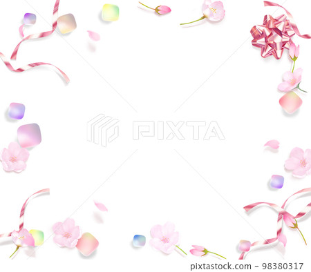 Cherry blossoms, buds and petals-cute pink gold ribbon frame illustration with rainbow colored gems rolling white background material Cherry blossoms, buds and petals-cute pink gold ribbon frame illustration with rainbow colored gems rolling white background material 98380317