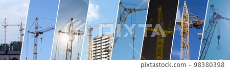 Construction work site collage. Industrial construction cranes Construction work site collage. Industrial construction cranes 98380398