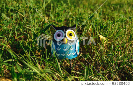 A toy of a surprised blue-colored owl with multi-colored eyes close-up stands in the middle of green grass in the light of the evening sun 98380403