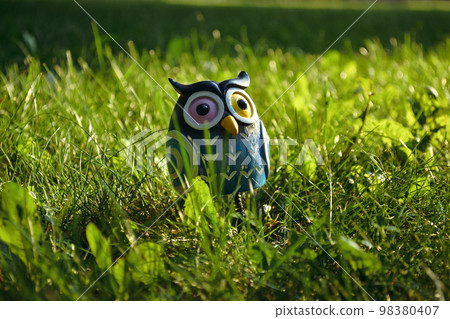 A toy of a surprised blue-colored owl with multi-colored eyes close-up stands in the middle of green grass in the light of the evening sun 98380407