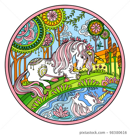 Unicorn on the river bank ornate color round vector illustration 98380616