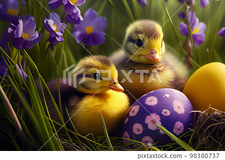 Two cute ducklings in the nest near the eggs 98380737