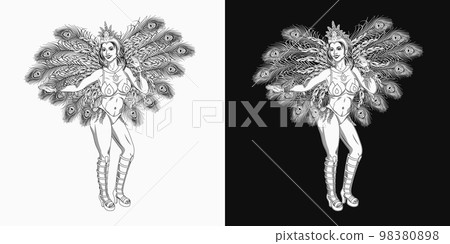 Brazilian samba female dancer. Carnival latino girl wearing festival costume with feathers. Vector monochrome illustration for Brazilian carnival Brazilian samba female dancer. Carnival latino girl wearing festival costume with feathers. Vector monochrome illustration for Brazilian carnival 98380898