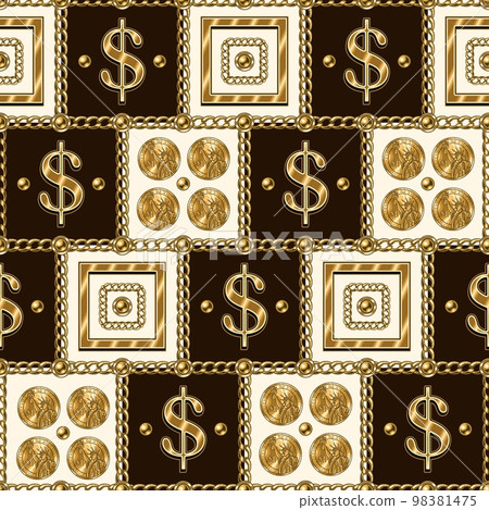 Square geometric pattern with gold dollar sign, coins, chains, ball beads. Diagonal ornament Square geometric pattern with gold dollar sign, coins, chains, ball beads. Diagonal ornament 98381475