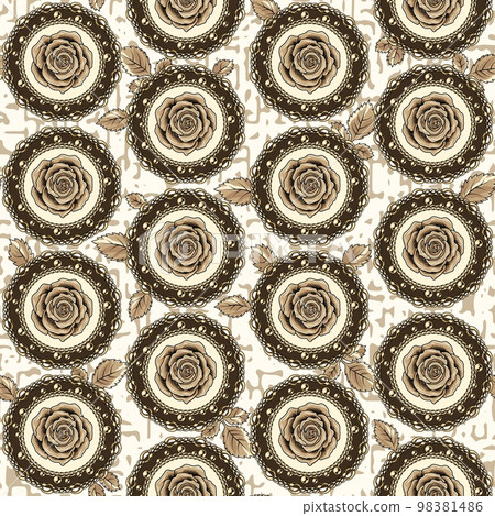 Pattern with beige roses, circles, gold chain, beads, leaves. Pattern with beige roses, circles, gold chain, beads, leaves. 98381486