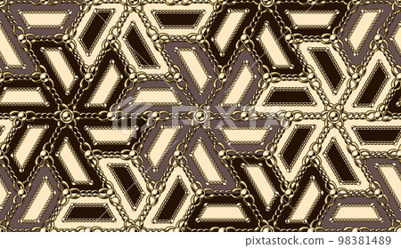 Seamless vintage arabesque pattern with gold chain, beads. Geometric grid with flower like propeller shape. Seamless vintage arabesque pattern with gold chain, beads. Geometric grid with flower like propeller shape. 98381489