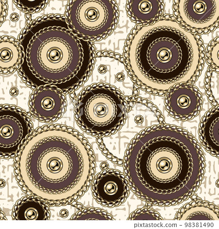 Seamless pattern with circles with gold chains, beads. Seamless pattern with circles with gold chains, beads. 98381490