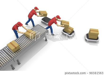 Place the parcel on the delivery robot. Luggage moving on a conveyor. person to sort. work in the warehouse. 98381563
