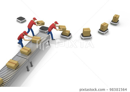將包裹放在送貨機器人上。行李在傳送帶上移動。人來排序。在倉庫工作。 將包裹放在送貨機器人上。行李在傳送帶上移動。人來排序。在倉庫工作。 98381564