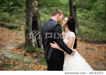 Romantic, fairytale, happy newlywed couple hugging and kissing in a park, trees in background Romantic, fairytale, happy newlywed couple hugging and kissing in a park, trees in background 98381973