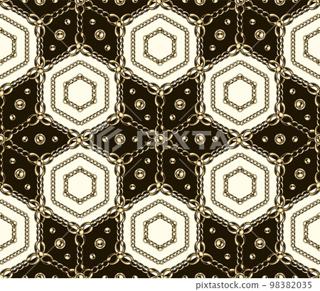 Vintage arabesque pattern with gold chain, beads Vintage arabesque pattern with gold chain, beads 98382035