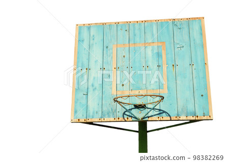 Vintage blue old wooden boards basketball hoop with cage isolated on white background as sports equipment background. Vintage blue old wooden boards basketball hoop with cage isolated on white background as sports equipment background. 98382269