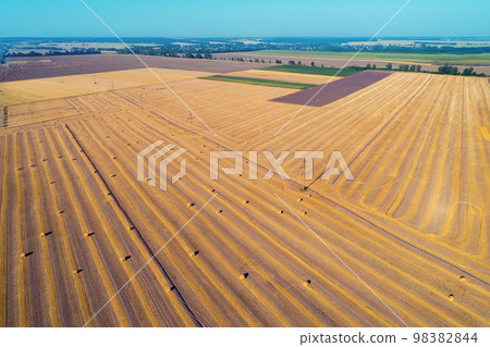Aerial top view of the colorful geometric wheat fields with straw bales Aerial top view of the colorful geometric wheat fields with straw bales 98382844
