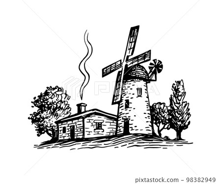 Old tower mill ink sketch. 98382949