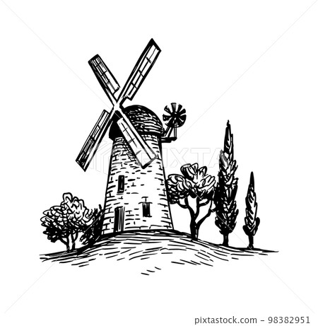 Old tower mill ink sketch. Old tower mill ink sketch. 98382951