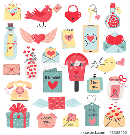 Love post office, messages, mail set. Saint Valentine's Day romantic objects. Colored trendy vector illustration. 98382960