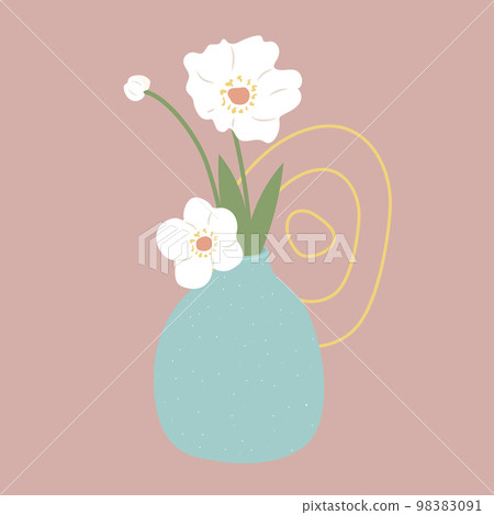 Abstract still life in pastel colors. Vase with white flowers and boho shapes in contemporary art. 98383091